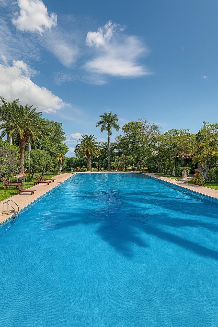 Alberca con palmeras y loungers